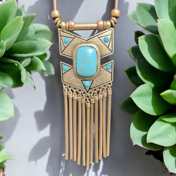 Gold Turquoise Fringe Necklace & Earring Set - Picture 16 of 16